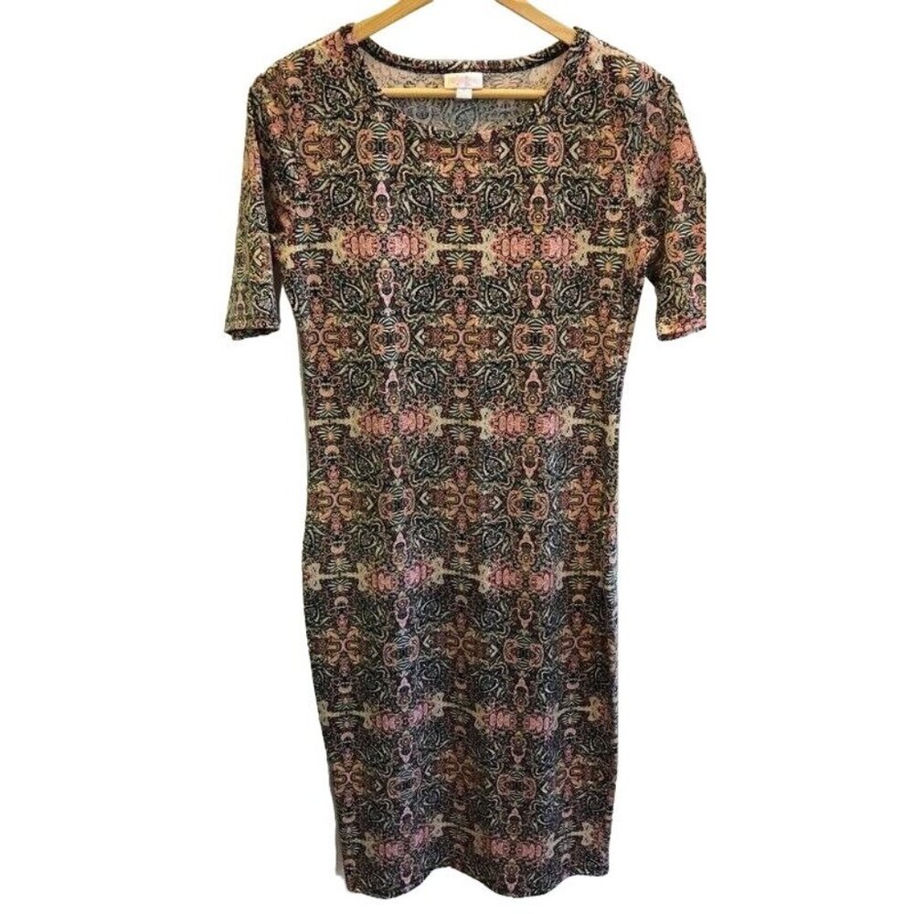 LuLaRoe Sheath Dress Womens S Black Pink Paisley Short Sleeve Stretch Scoop Neck